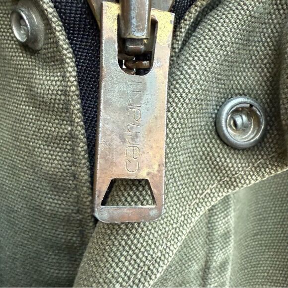 Vtg 1990s Carhartt Jacket PB1366 Dark Olive Green Blanket Lined Duck Trail Parka - Picture 9 of 11